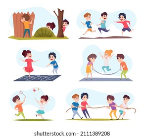 Active kids. Boys and girls pulling rope running jumping and playing in outdoor active games exact vector colored illustration set