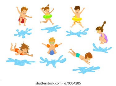 Active Kids Children, Boys And Girls Diving Jumping Into Swimming Pool Water Isolated