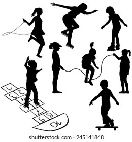 Active kids. Children on roller skates, jumping rope or playing on the hopscotch