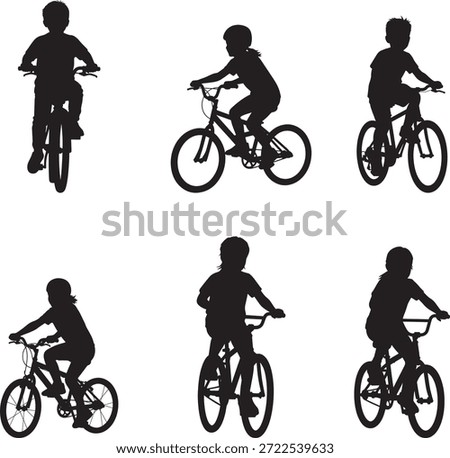Active Kids Cycling Riding Bicycle Silhouette Vector Set