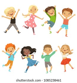 Active kids in different action poses. Vector illustrations