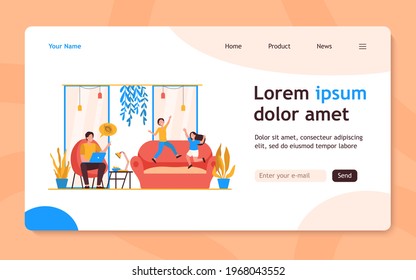Active kids driving crazy upset freelancer dad. Naughty children, work from home. Flat vector illustration. Family problem, covid lockdown concept for banner, website design or landing web page