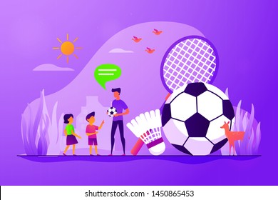 Active kids games. Family outdoor activities. Children playing badminton, football. Sport summer camp, multi sports camp, active summer time concept. Vector isolated concept creative illustration