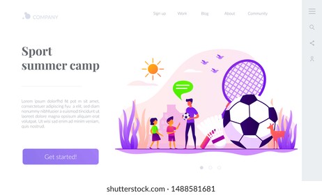 Active Kids Games. Family Outdoor Activities. Children Playing Badminton, Football. Sport Summer Camp, Multi Sports Camp, Active Summer Time Concept. Website Homepage Header Landing Web Page Template.