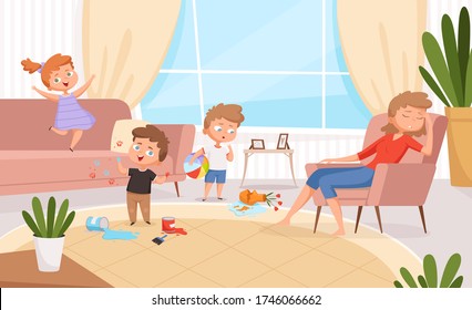 Active kids. Games in living room hyperactive messy kids playing and making troubles on sofa angry parents vector cartoon characters