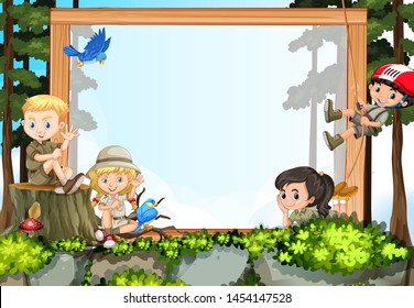 Active kids in hiking and camping gear with blank frame template illustration