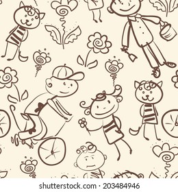 active kid's outdoor recreation monochrome seamless pattern