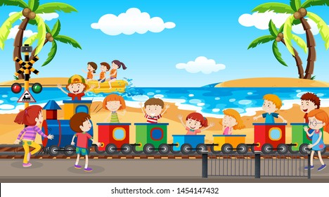Active kids playing in outdoor scene illustration