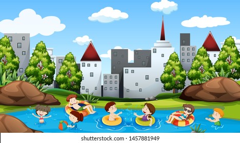 Active kids playing in outdoor scene illustration
