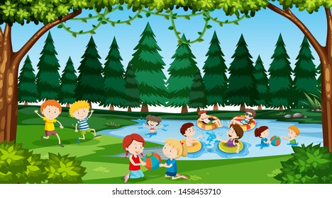 Active kids playing in outdoor scene illustration