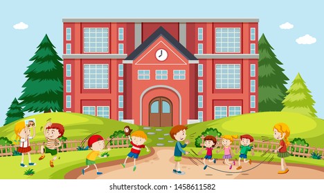 Active kids playing in outdoor scene illustration