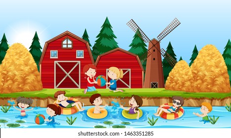 Active kids playing in outdoor scene illustration