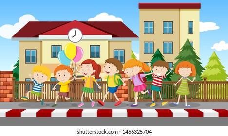 Active kids playing in outdoor scene illustration