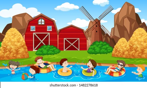 Active kids playing in outdoor scene illustration