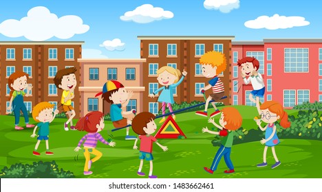 Niños activos jugando en ilustración de escena al aire libre