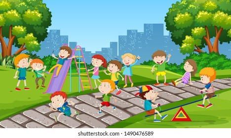 Active kids playing in outdoor scene illustration