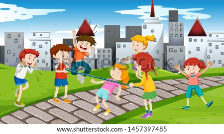 Active kids playing in outdoor scene illustration