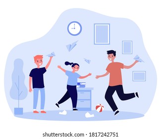 Active kids playing with paper planes. Children making mess at home flat vector illustration. Childhood, leisure, activity concept for banner, website design or landing web page