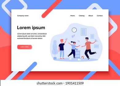 Active kids playing with paper planes. Children making mess at home flat vector illustration. Childhood, leisure, activity concept for banner, website design or landing web page