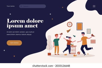 Active kids playing with paper planes. Children making mess at home flat vector illustration. Childhood, leisure, activity concept for banner, website design or landing web page