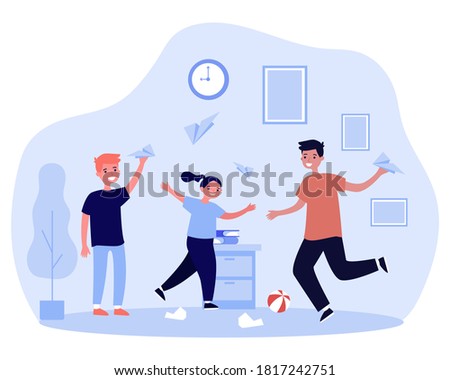 Active kids playing with paper planes. Children making mess at home flat vector illustration. Childhood, leisure, activity concept for banner, website design or landing web page