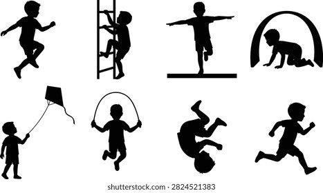 Active kids playing and physical activities black silhouettes icons set isolated on white background