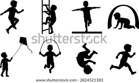 Active kids playing and physical activities black silhouettes icons set isolated on white background