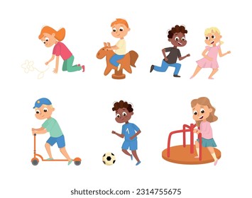 Active Kids Playing at Playground Having Fun Vector Set
