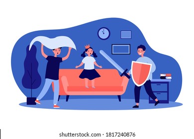 Active kids playing princess and knight. Children using crown, sword and shield for role play flat vector illustration. Childhood, fun, game concept for banner, website design or landing web page