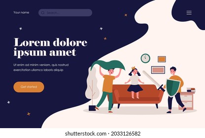 Active Kids Playing Princess And Knight. Children Using Crown, Sword And Shield For Role Play Flat Vector Illustration. Childhood, Fun, Game Concept For Banner, Website Design Or Landing Web Page