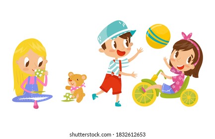 Active Kids Playing with Toy Bear and Ball Vector Set
