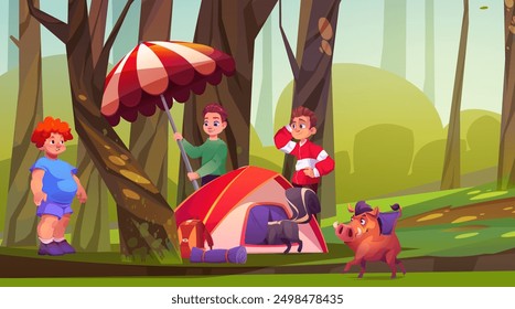 Active kids putting up tent in forest. Vector cartoon illustration of cute boys having rest in summer forest, backpacking adventure, wild skunk and boar playing with children, scouting activity