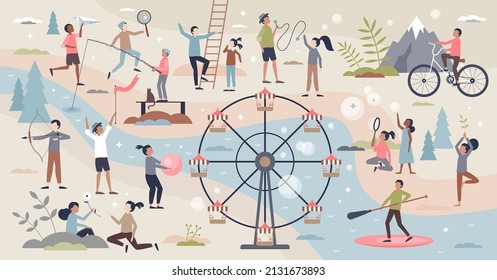 Active kids scenes with happy children activities tiny person collection set. Enjoy sport and play entertainment together with friends vector illustration. Cheerful outdoor playground element assets.