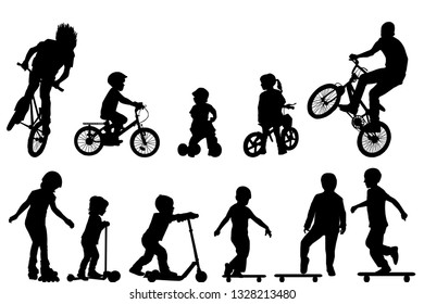 Active kids silhouettes with roller skates, scooters, tricycle,bicycles and skateboards