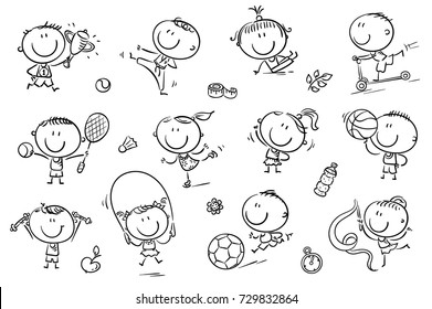 Active kids with sport things representing healthy lifestyle. Easy to print and edit. Vector files can be scaled to any size.