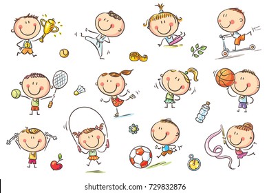 Active kids with sport things representing healthy lifestyle. No gradients used, easy to print and edit. Vector files can be scaled to any size.