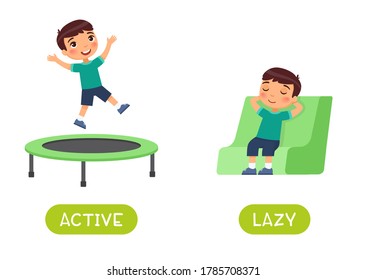 Active And Lazy Antonyms Word Card Vector Template. Flashcard For English Language Learning. Opposites Concept. The Boy Jumps Happily On The Trampoline, The Child Sleeps In The Chair.