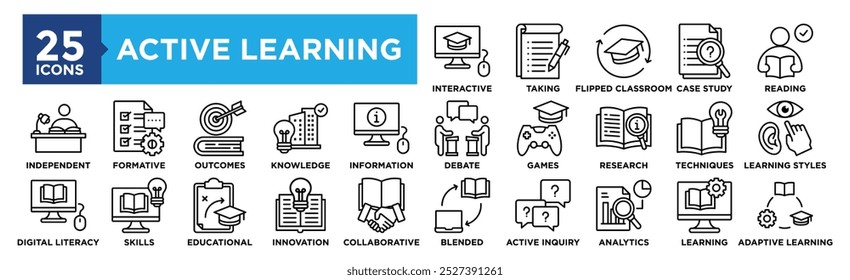 Conjunto de coleta de ícones de Aprendizado Ativo. Contendo educação em design, aprendizagem, escola, desenvolvimento, sala de aula, atividade