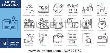 Active Learning related line icons set. Collaborative learning, brainstorming, student, teacher, question, answer, experimentation, and many more. Vector editable stroke.