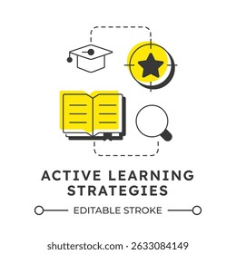 Active learning strategies modern linear concept icon. Education, studying. Research, knowledge. Graduation cap, book. Flat outline elements connected with dotted lines. Creative visual. Easy to edit