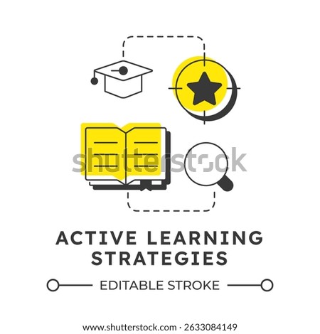 Active learning strategies modern linear concept icon. Education, studying. Research, knowledge. Graduation cap, book. Flat outline elements connected with dotted lines. Creative visual. Easy to edit