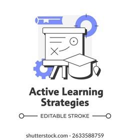 Active learning strategy flat outline concept icon. College student. Teaching method. Adult learners integration. Modern line illustration with purple glyphs. Conceptual visual. Easy to edit