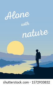 Active leisure and adventure men, travel, tourism and sport in nature. Climber with backpack stands on a mountain and looks at the sunset and a landscape with the river and hills. Flat vector concept.