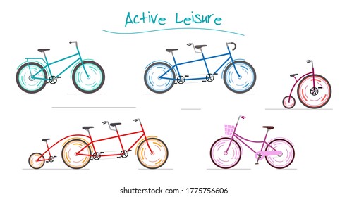 Active leisure. Big Set of different bicycles. Blue tandem, Circus bike, Family bike and pink women's bike. Vector illustration in modern flat style.