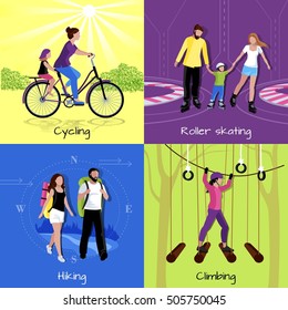 Active leisure concept with different recreations and activities in flat style vector illustration