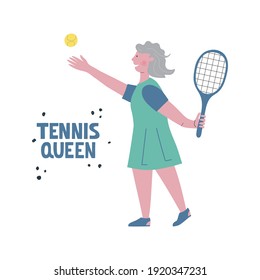 Active leisure of elderly. Senior woman playing tennis, throws ball. Lettering Tennis Queen. Concepr vector illustration can use for banner