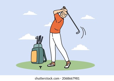 Active leisure and golf concept. Smiling mature elderly man cartoon character standing playing golf with club feeling excited vector illustration 