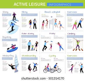 Active leisure people infographics with different games and activities in flat style isolated vector illustration