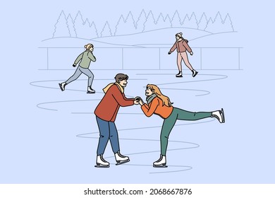 Active leisure in winter concept. Young happy smiling couple skating together on rink holding hands having fun vector illustration 