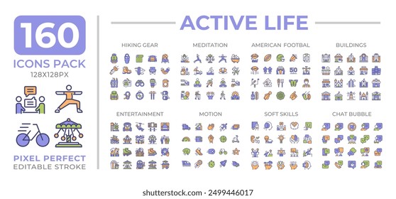 Active life colorful icons set collection. Buildings, communication. Entertainment. Hiker gear, meditation mega pack of flat line symbols, pixel perfect. Isolated vector illustrations. Editable stroke